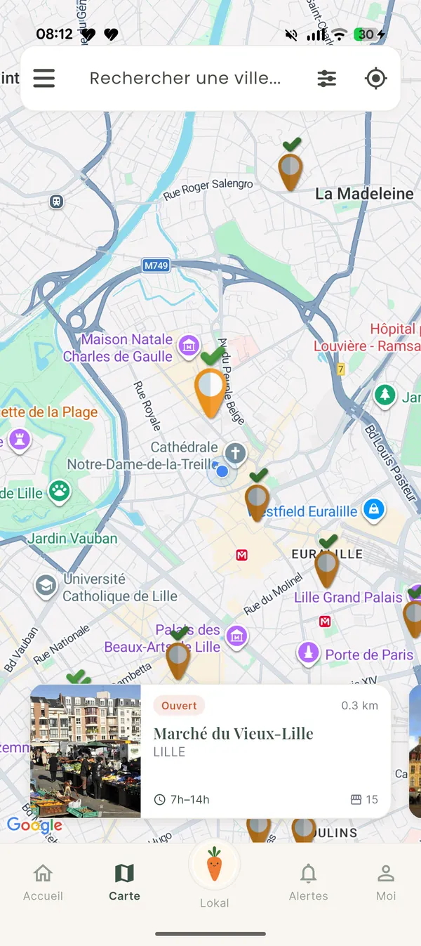 Carte de Lille dans l’application Saveur Marché, avec les marchés en repères et la fiche du Marché du Vieux-Lille