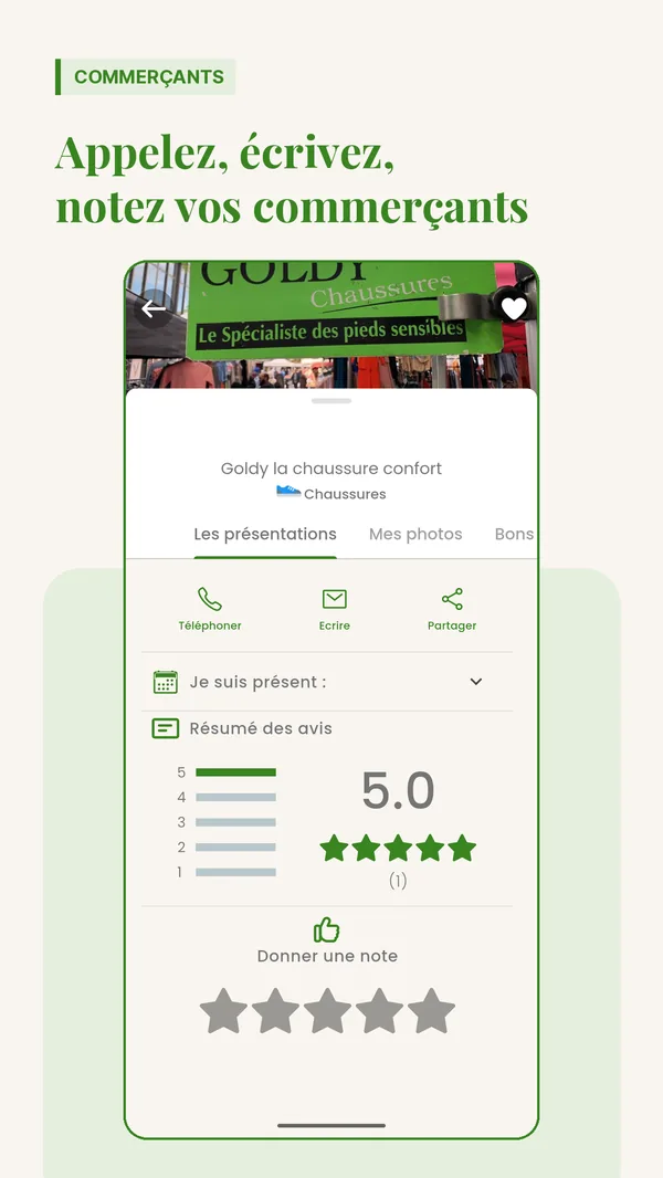 Fiche commerçant dans l’application Saveur Marché, avec les informations du stand et les favoris