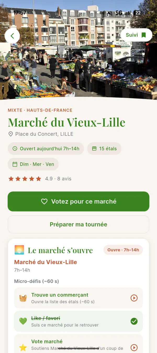 Fiche du Marché du Vieux-Lille dans l’application Saveur Marché : ouvert aujourd’hui de 7h à 14h, 15 étals, mercredi, vendredi et dimanche