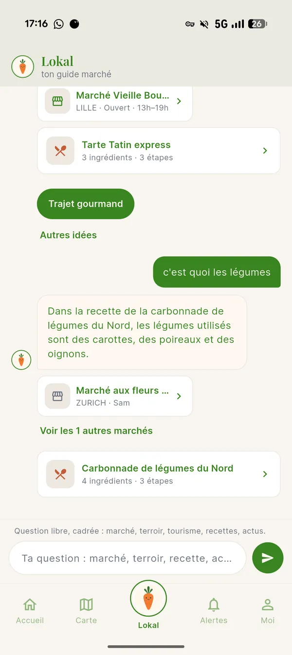 Conversation avec Lokal dans l’application : recette de carbonnade de légumes du Nord et marchés proposés à Lille